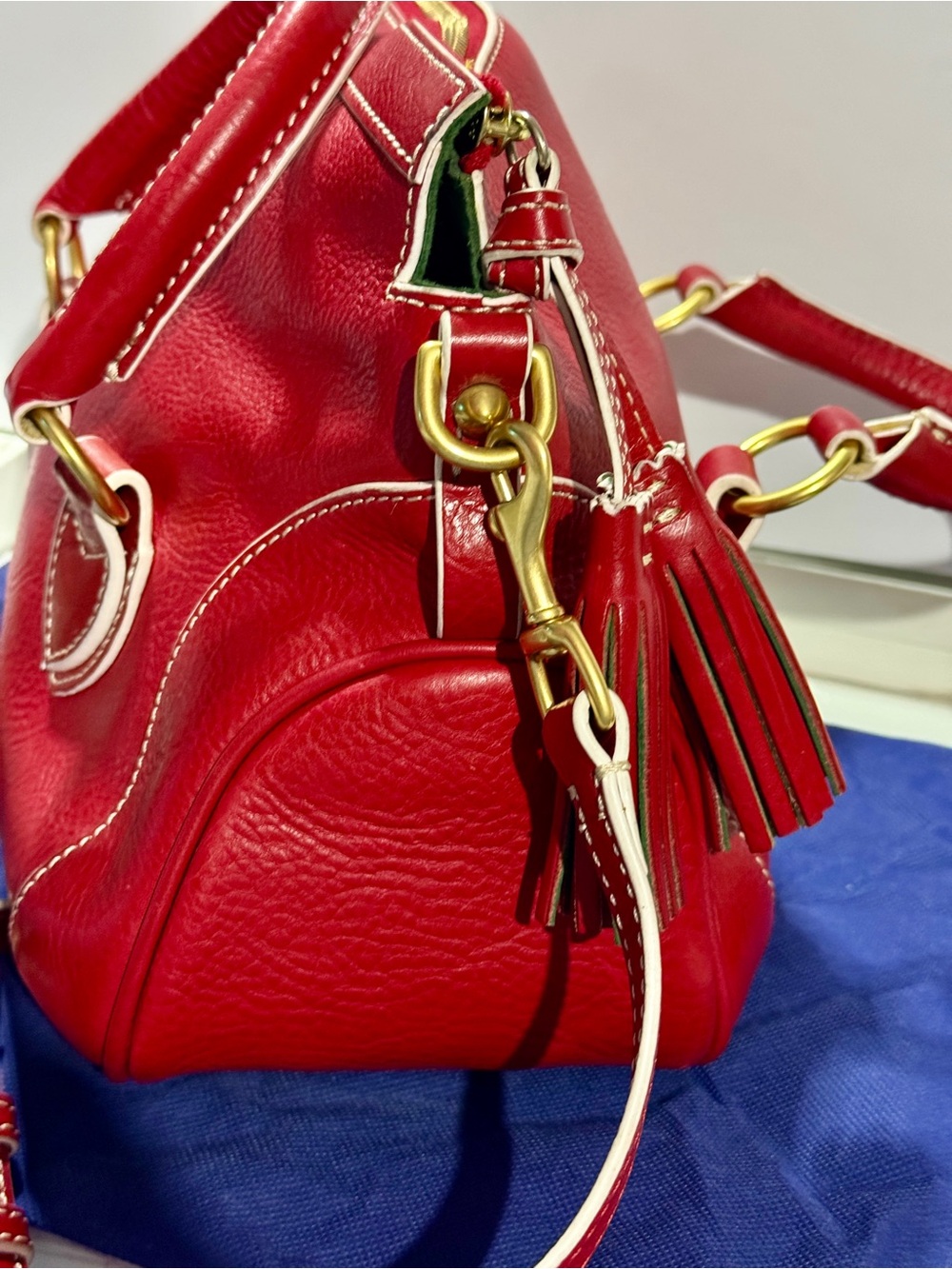 Dooney & Bourke Red Leather Satchel  Tassel Crossbody Strap Florentine Savannah - Picture 6 of 16